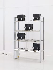 Automated RFID rack system with wafer carriers in cleanroom RFID shelf for semiconductor industry to store carrier boxes