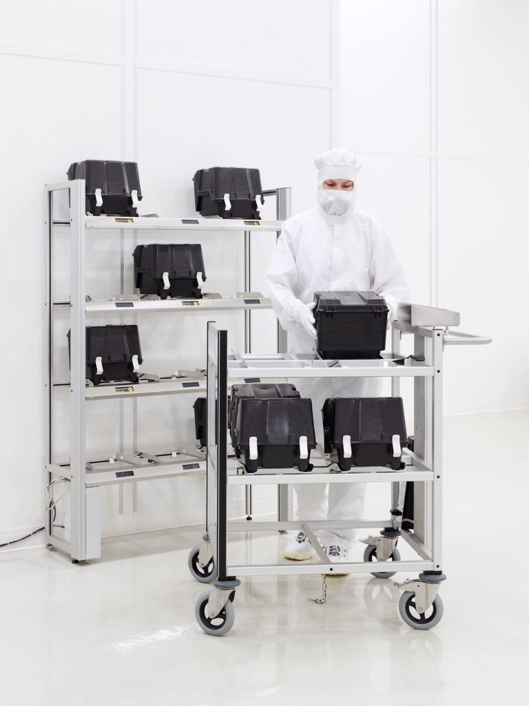 RFID trolley for manual transport of wafer carriers; Automated RFID shelf for automated storage of wafer carriers in cleanroom