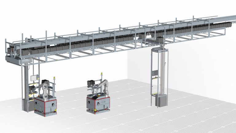 FlatStocker verbunden mit Lift. Zugang für mobilen Roboter und Operator