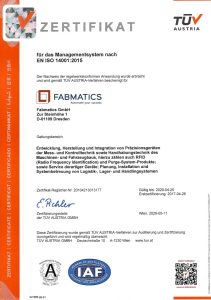 ISO‑14001‑Zertifikat: Bestätigung der Zertifizierung unseres Qualitätsmanagementsystems nach der internationalen Norm ISO 14001