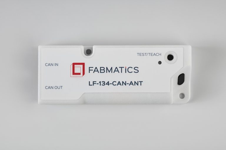 Top view of the LF-134-CAN-ANT LF RFID reader with integrated antenna and placement sensor for CAN bus–based RFID retrofit.