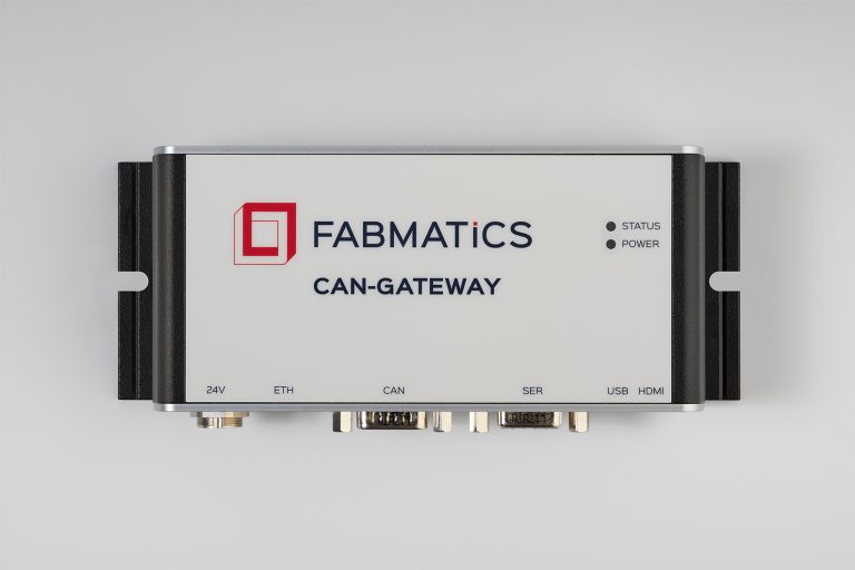 Top view of Fabmatics CAN Gateway with branding and status indicators