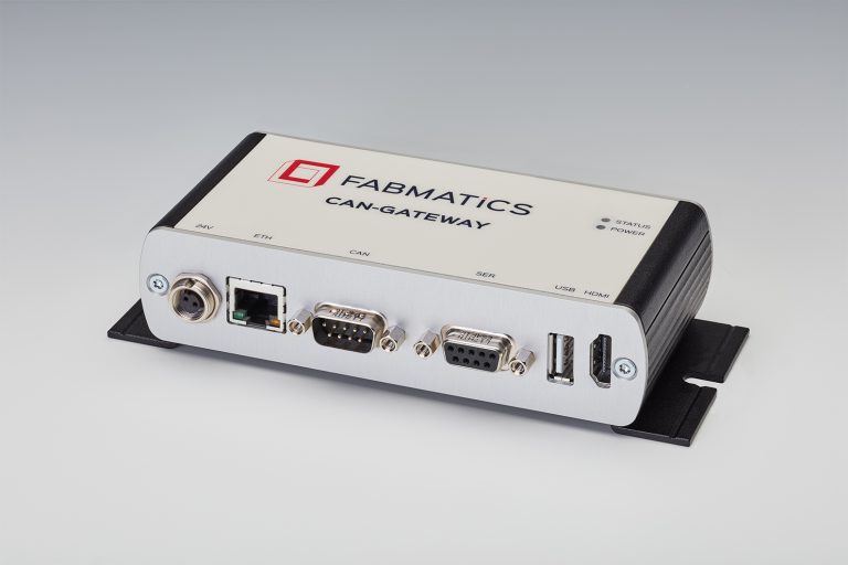 Angled view of Fabmatics RFID CAN Gateway showing CAN, Ethernet and RS232 interfaces