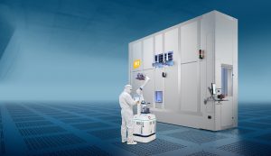 Automated SCI stocker system for FOUP storage and retrieval in semiconductor manufacturing.